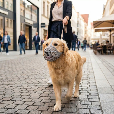 museliere chiot gris promene au centre ville maitre