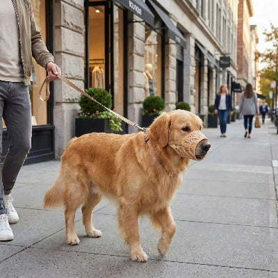 museliere chiot jaune marche au centre ville avec son maitre