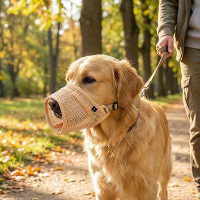 museliere chiot jaune promene avec son maitre dans un parc