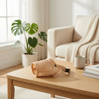 museliere chiot jaune sur sur une table dans un salon