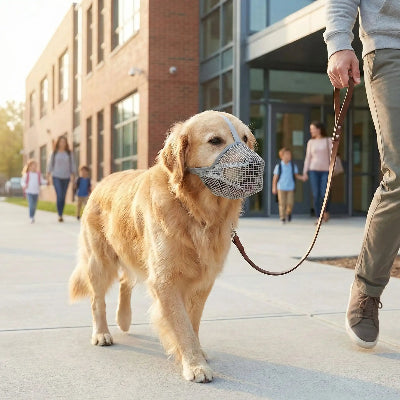 museliere chiot marche accompagne de son maitre devant une ecole
