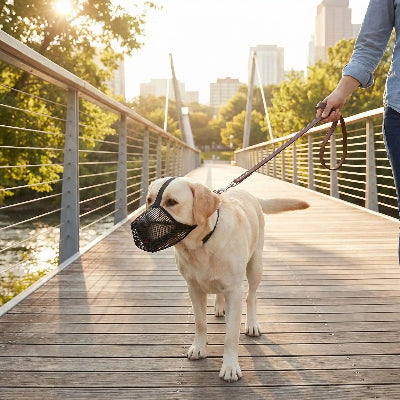 museliere chiot marche sur un pont avec maitre