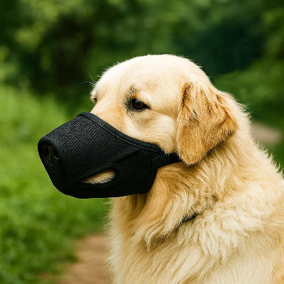 museliere chiot noir chien assis au milieu des arbres