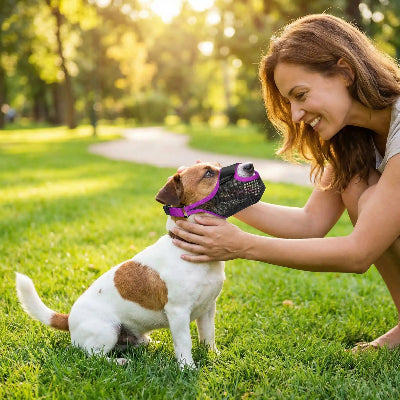 muselière chiot parfait ajustement violet dans un parc maitre lui sourit