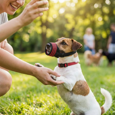 museliere chiot rouge joue avec son maitre sur un parc