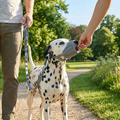 museliere chiot se promene avec ses maitres