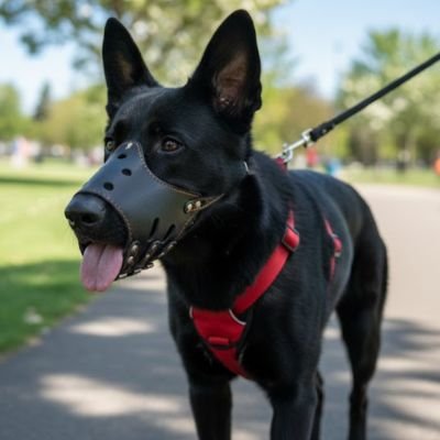 Muselière chiot securise force noir se promene 