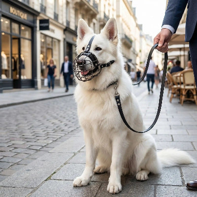 museliere de couleur noir au visage chien au centre ville maitre