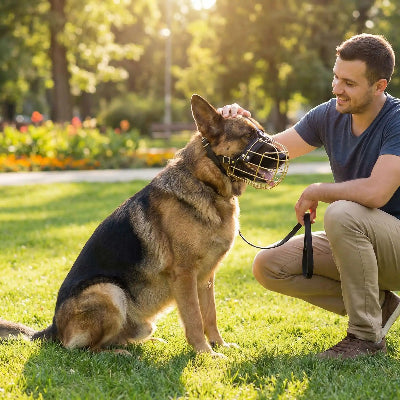 museliere en couleur or chien assis devant son maitre dans un parc