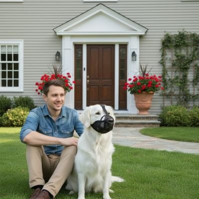 Muselière noir assis confortablement devant une maison