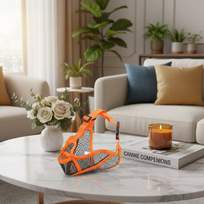 museliere orange sur une table dans le salon