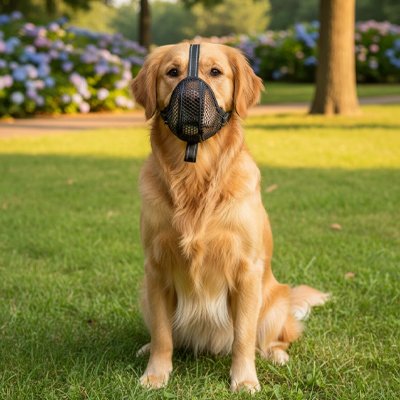 Muselière petit chien​ assis sur la pelouse 