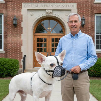 museliere petit chien avec son maitre devant une ecole
