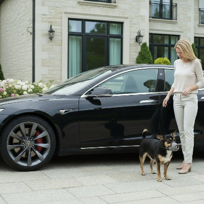 museliere petit chien devant une belle maison voiture son maitre