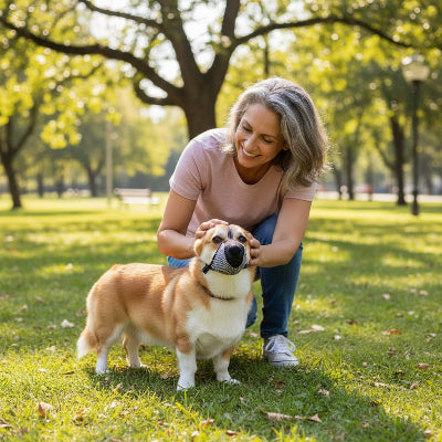 museliere petit chien fiable au parc avec son maitre