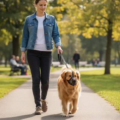 Muselière petit chien marche avec son maitre sur un parc​ 