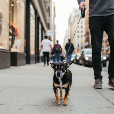 museliere petit chien promene avec son maitre en ville