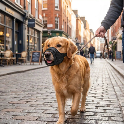 muselière petit chien yorkshire réglable et sécuritaire noir chien au centre ville
