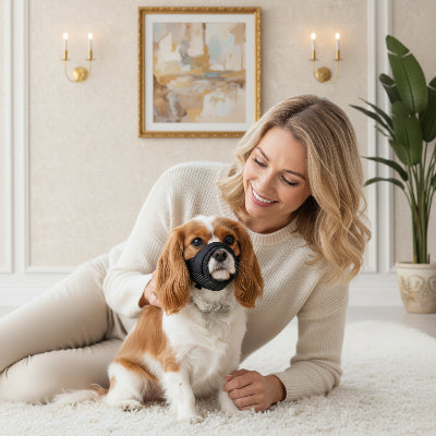 muselière petit chien yorkshire réglable et sécuritaire noir sur le tapis avec maître 