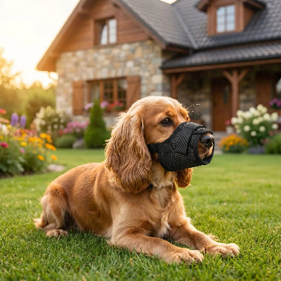 muselière petit chien yorkshire réglable et sécuritaire noir chien devant la maison
