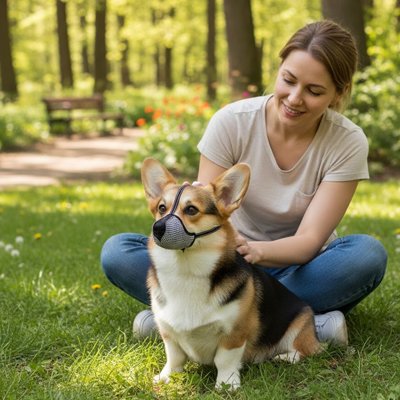 Muselière pour chien​ assis devant son maitre sur la pelouse