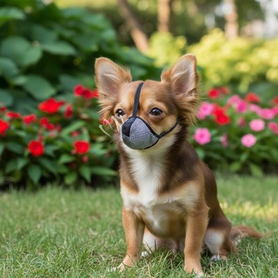 Muselière pour chien​ assis tres confortable gazon plante