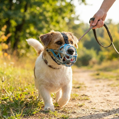 museliere pour chien marche avec son maitre en securite