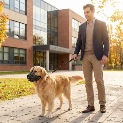 museliere pour chien noir avec maitre devant une ecole