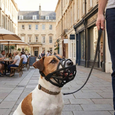 museliere pour chien noir avec son maitre au centre ville