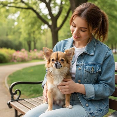 Muselière pour chien​ petit sur parc avec maitre assis banc