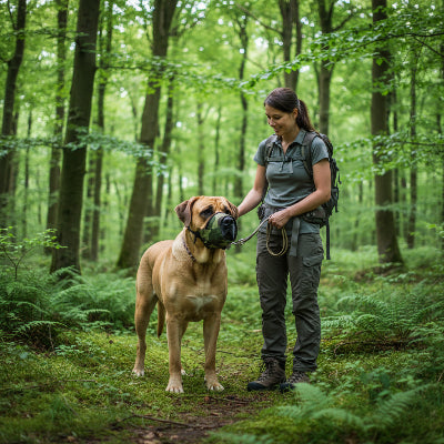 muselière pour chiot aérée et ajustable maître en forêt avec son chien