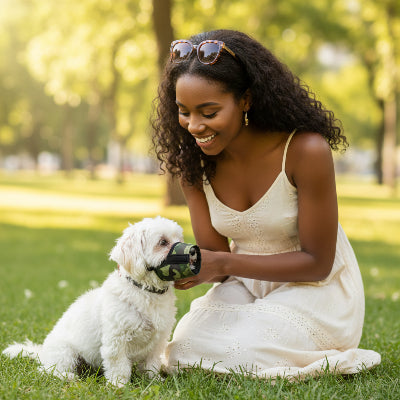 muselière pour chiot aérée et ajustable petit chien maître sourit