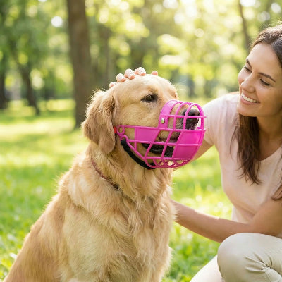muselière pour chiot ajustement respirant rose au parc son maitre lui sourit 