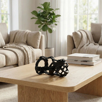 muselière pour chiot confort tpr noir sur table au salon