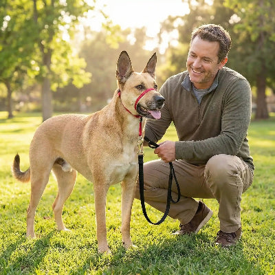 museliere pour chiot educative confort rouge sur un parc maitre lui sourit
