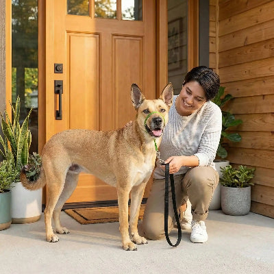 museliere pour chiot educative confort vert devant la porte maison maitre sourit 
