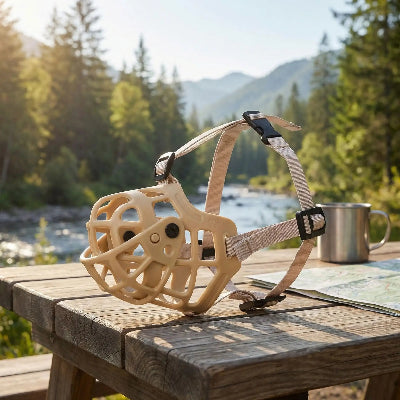 muselière pour chiot liberté retrouvée sur une table camping