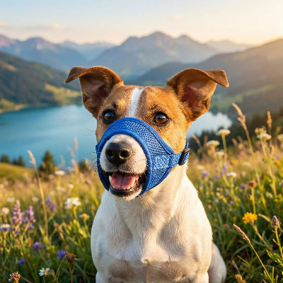 muselière pour chiot respiration confort bleu avec un larc au bord
