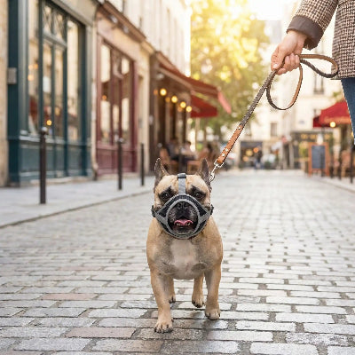 muselière pour chiot respiration confort gris balade maitre dans la rue