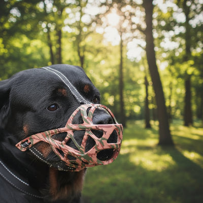 muselière pour chiot silicone ajustable marron camouflage chien balade en été
