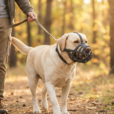 muselière pour chiot souple et ajustable se promene avec son maitre