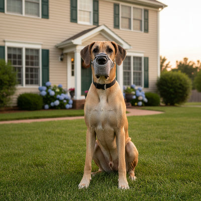 muselière pour petit chien relaxant chien assis devant la maison