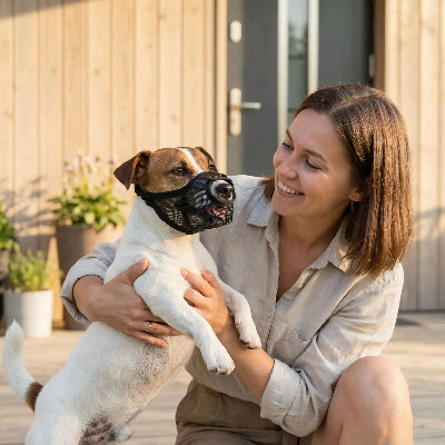 muselière pour petit chien relaxant noir dans la main maitre