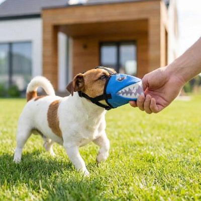 muselière pour petit chien style t liberté bleu maitre devant maison