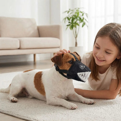 muselière pour petit chien style et liberte couche sur tapis la fille lui sourit