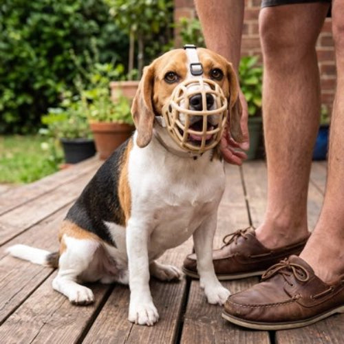 Muselière pour yorkshire beige chien sur le perron 