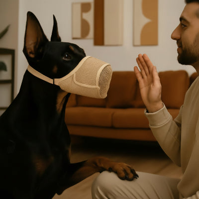 muselière pour yorkshire jaune chien face a son maitre au salon