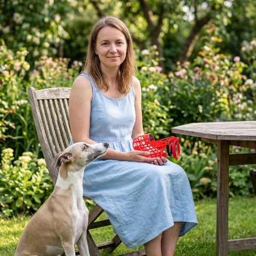 Muselière pour Yorkshire rouge main maître chien assis à côté gentiment 