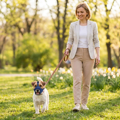 muselière pour yorkshire sécurité au quotidien sécurité bleu foncé chien balade avec dame
