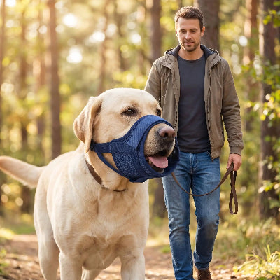 muselière pour yorkshire au sécurité quotidien bleu foncé chien balade avec son maitre
